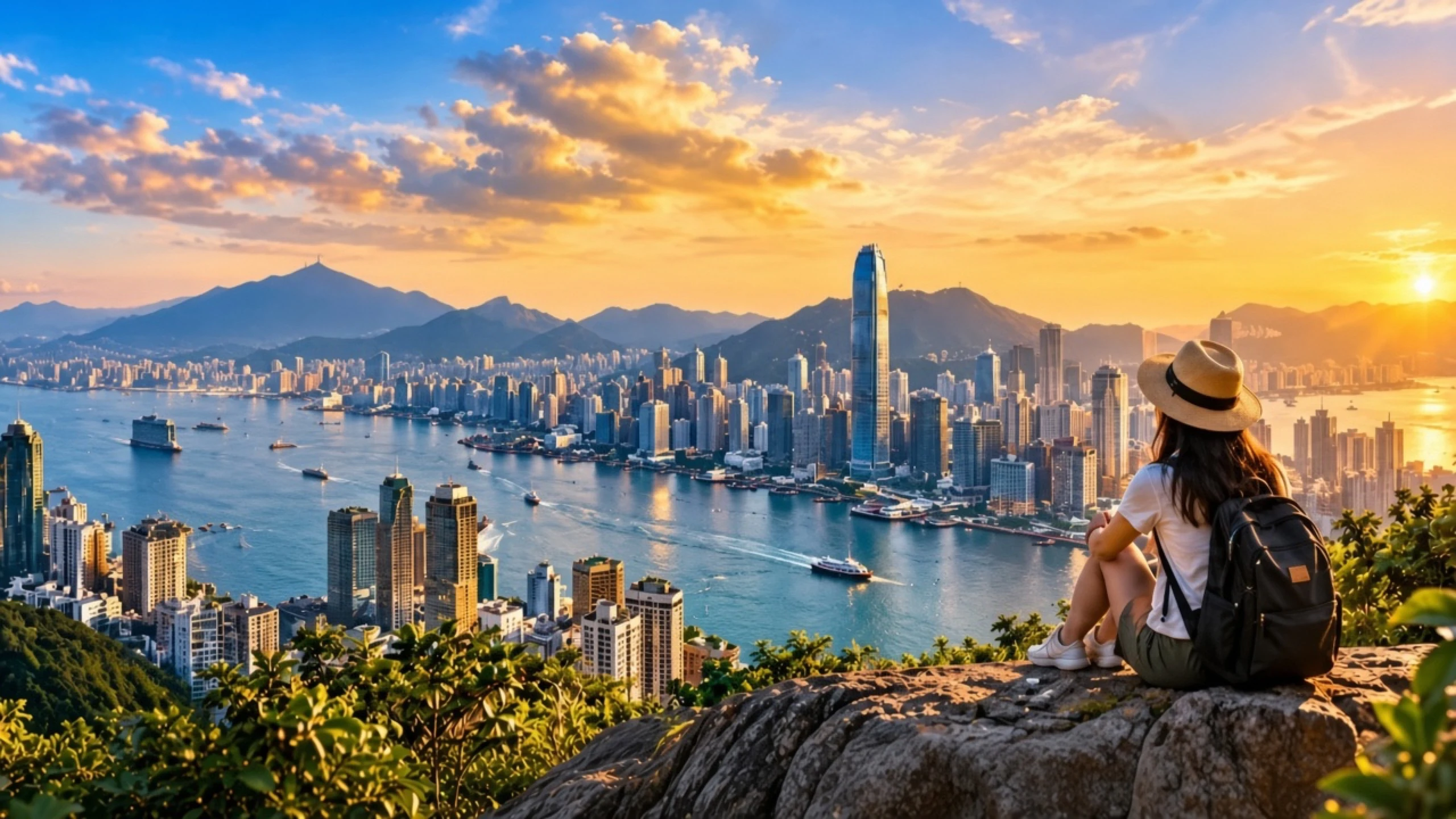Una viajera mira Victoria Harbour y el horizonte de Hong Kong al atardecer