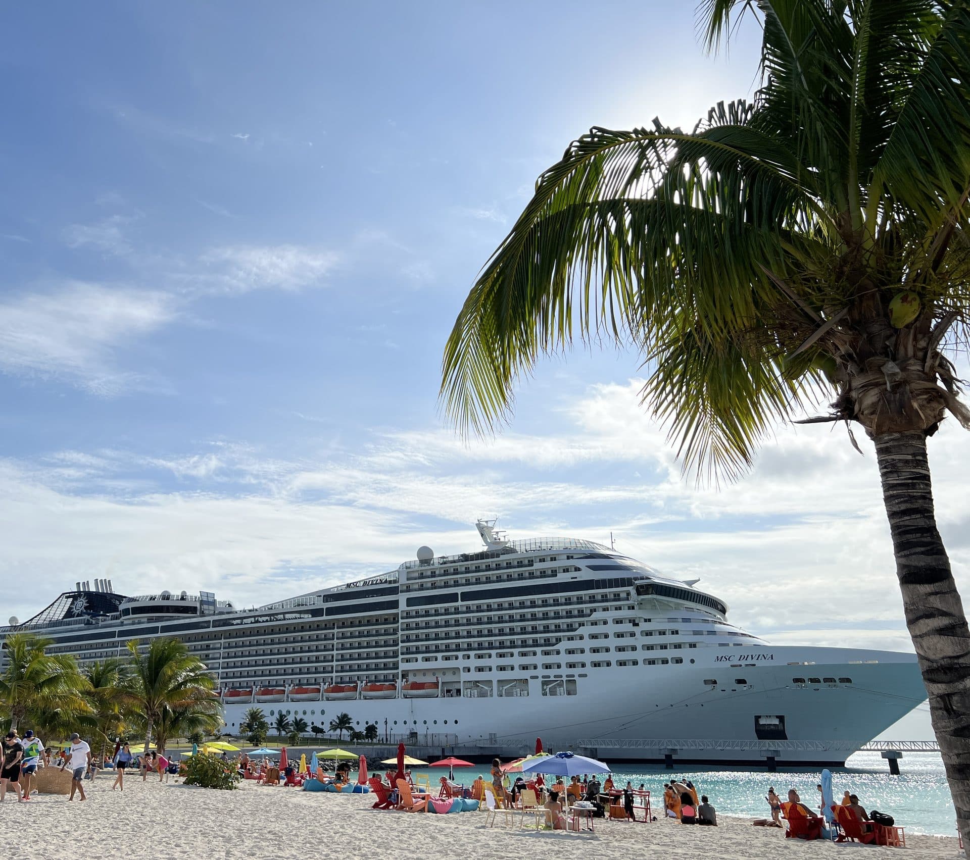 MSC Divina seen from the Ocean Cay beach through palm fronds