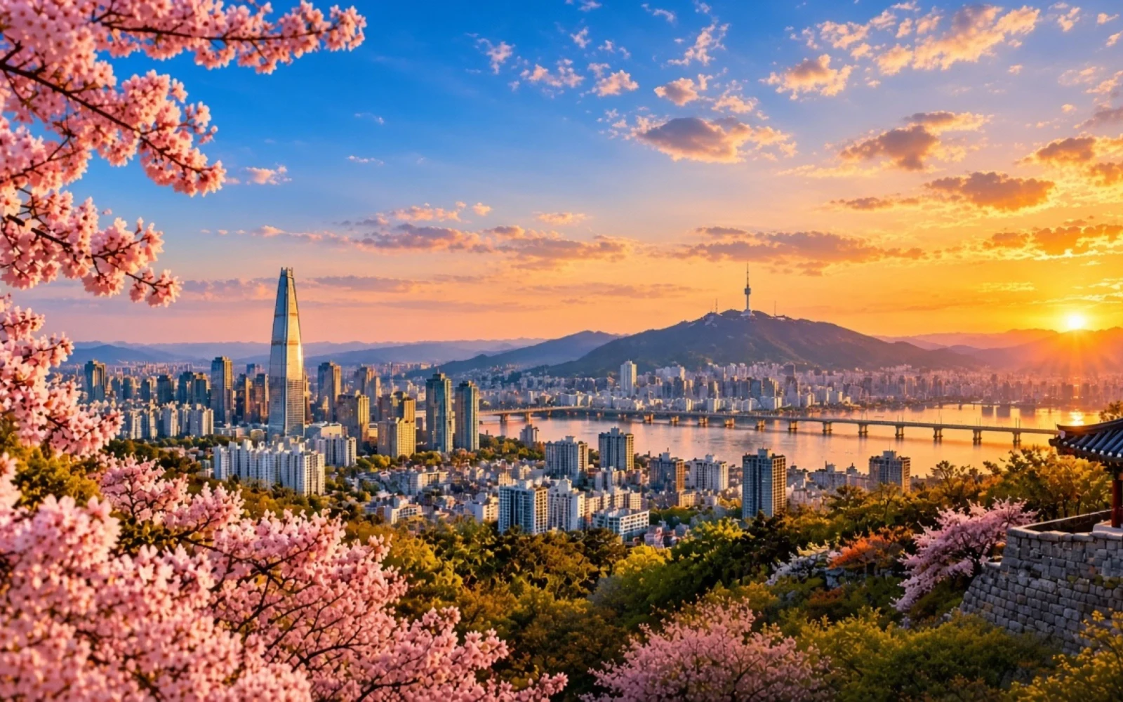 Seoul skyline mood with river and towers