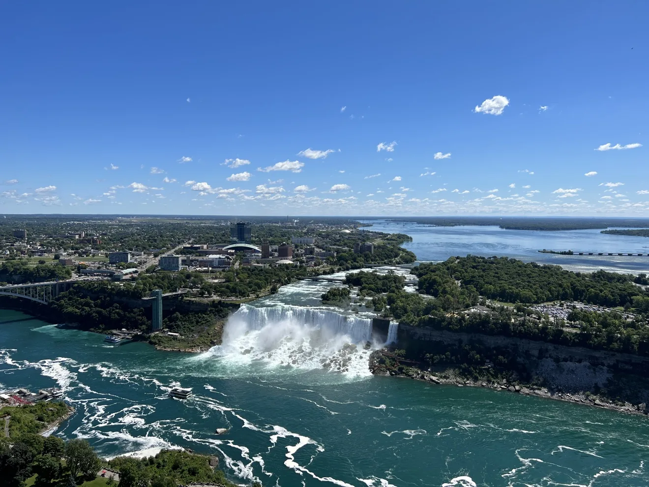The American Falls and the Rainbow Bridge from the Skylon Tower observation deck
