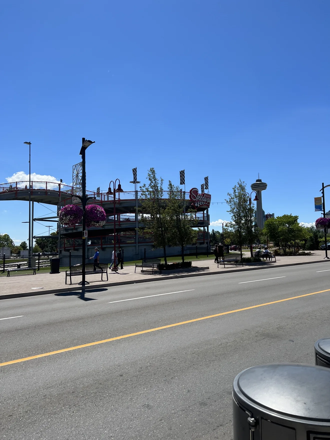 The Skylon Tower from the street, above the go-kart track on Clifton Hill