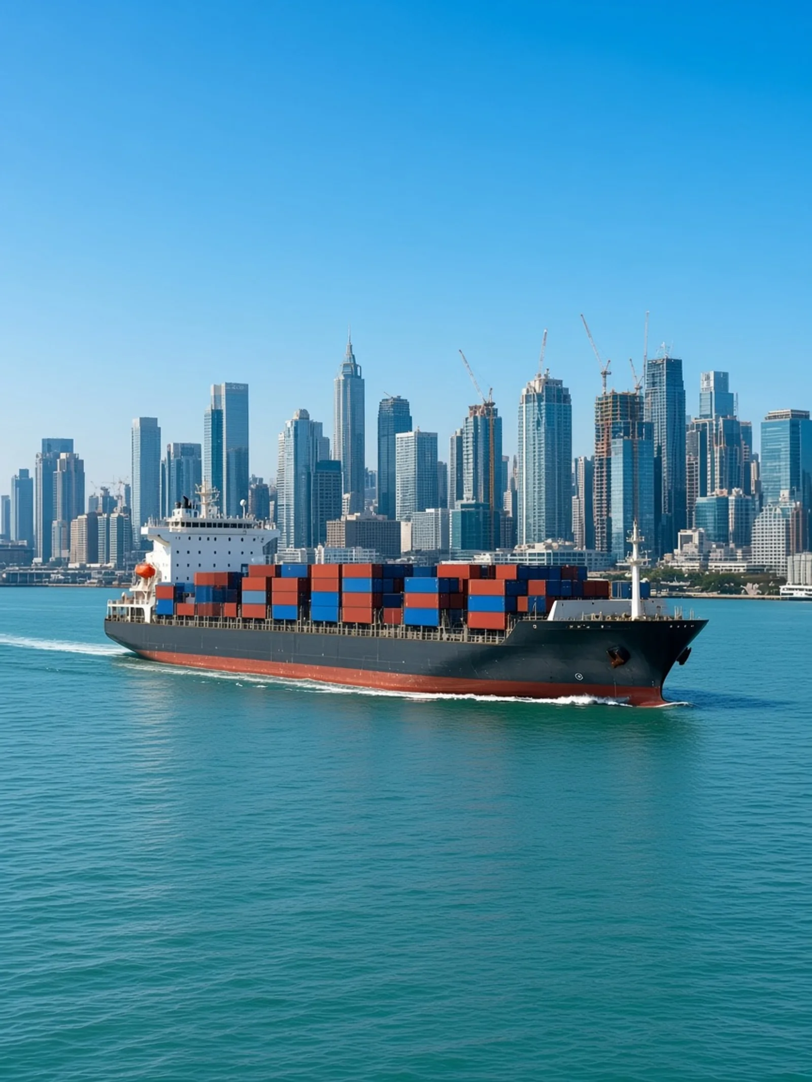 Barco de carga en el puerto bajo el perfil de la ciudad