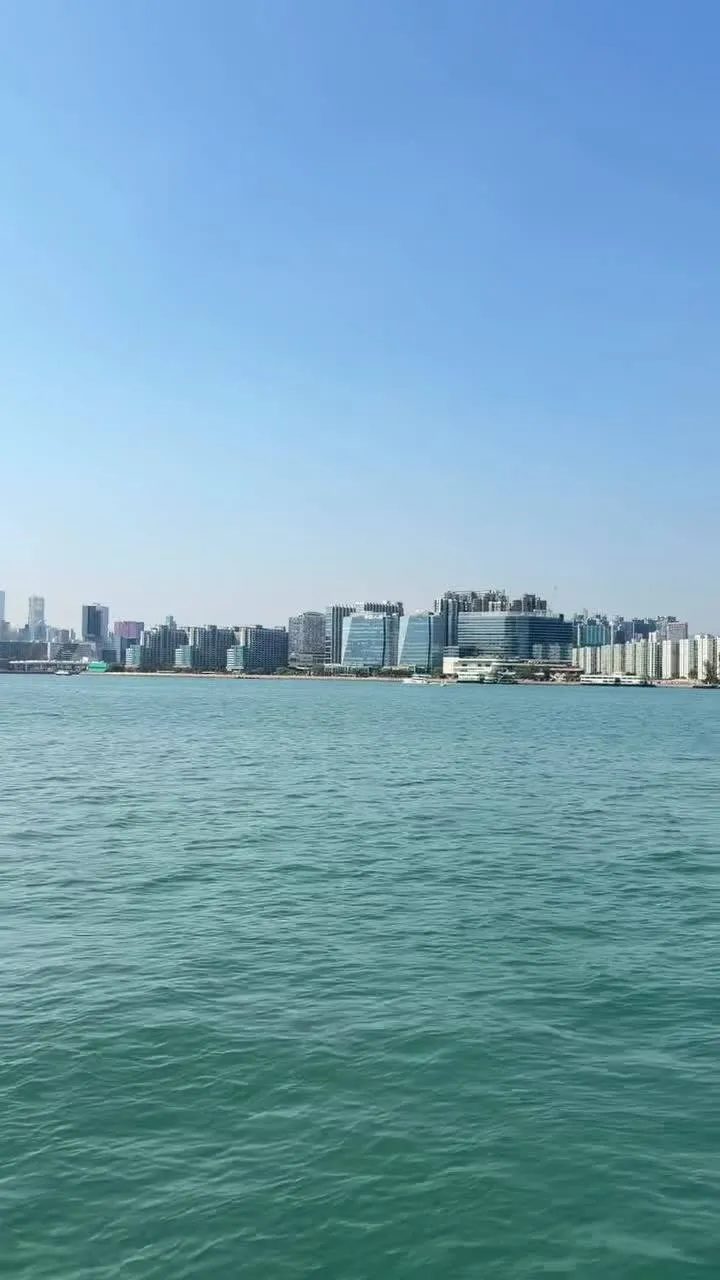 Cargo ship on Victoria Harbour under a wide skyline