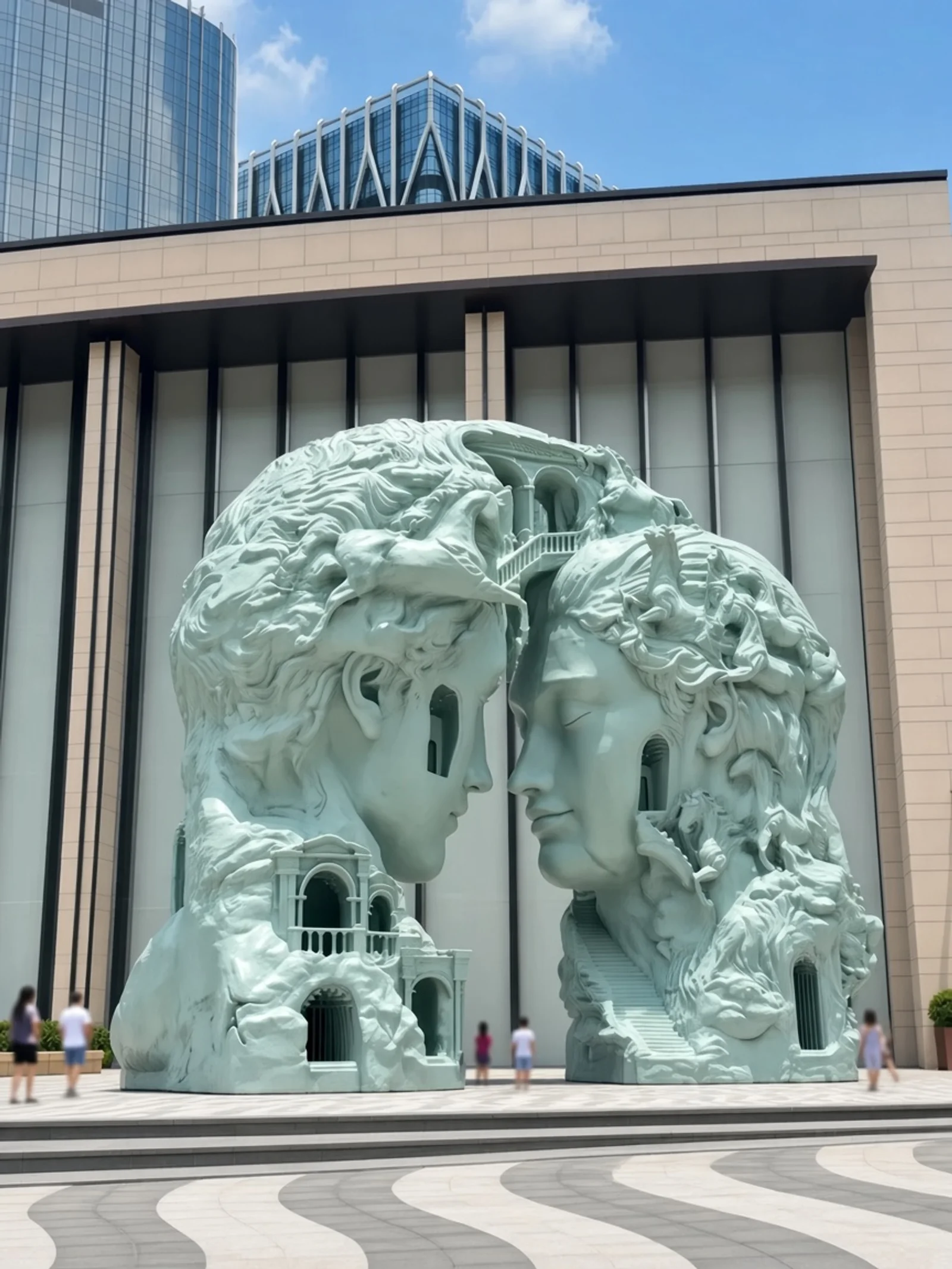 Escultura del beso con dos caras frente a frente fuera de City of Dreams