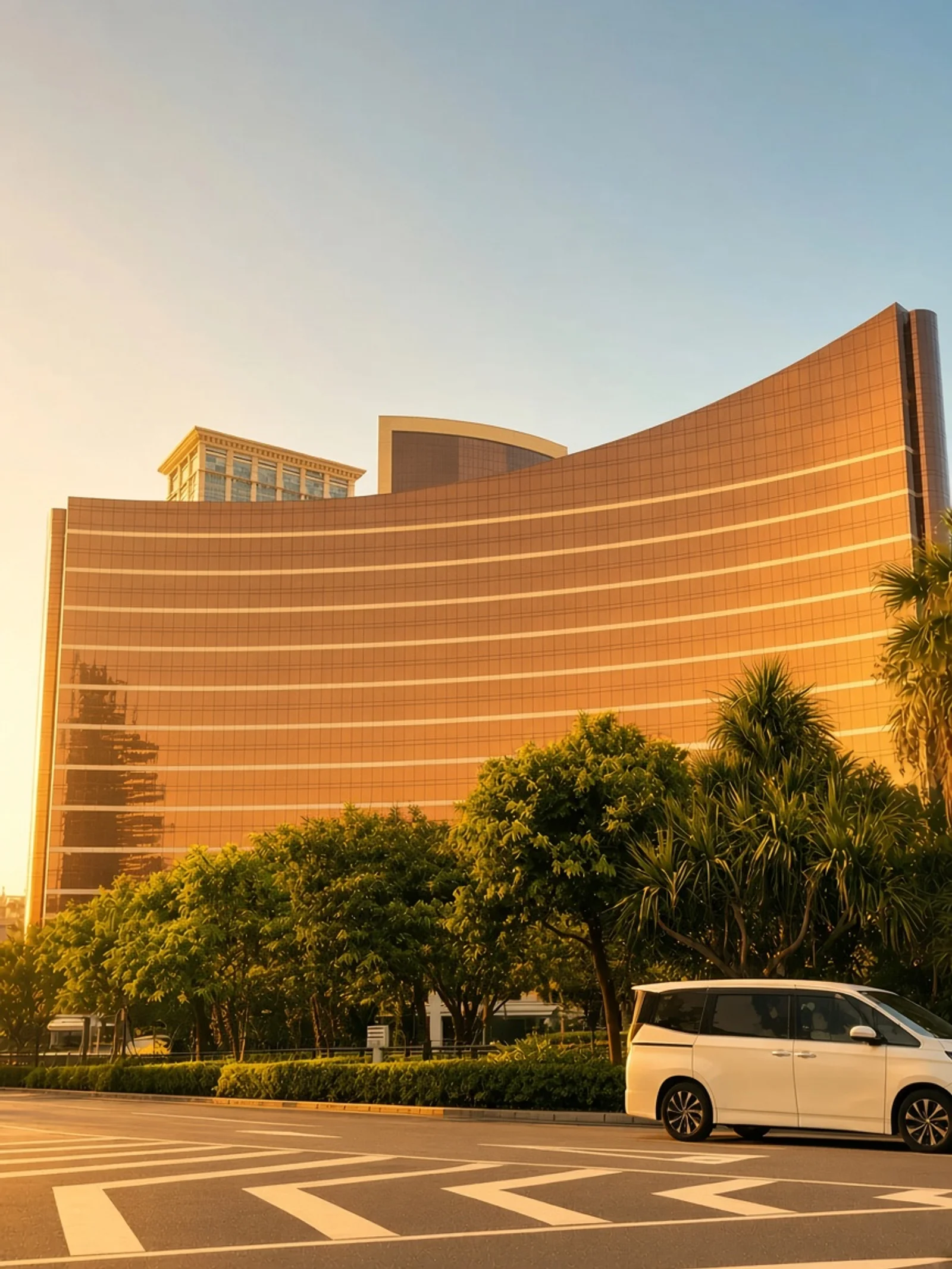 Fachada dorada de Wynn Macao vista desde la carretera
