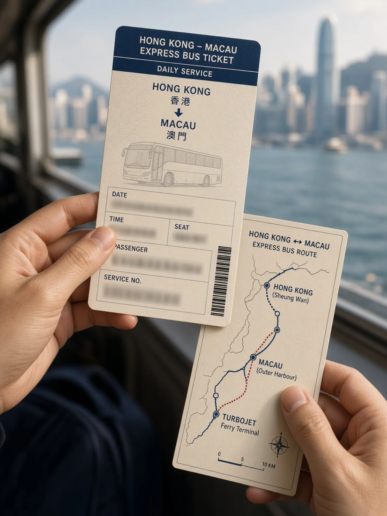 Billete y hoja de ruta del bus Express Hong Kong–Macao en la mano