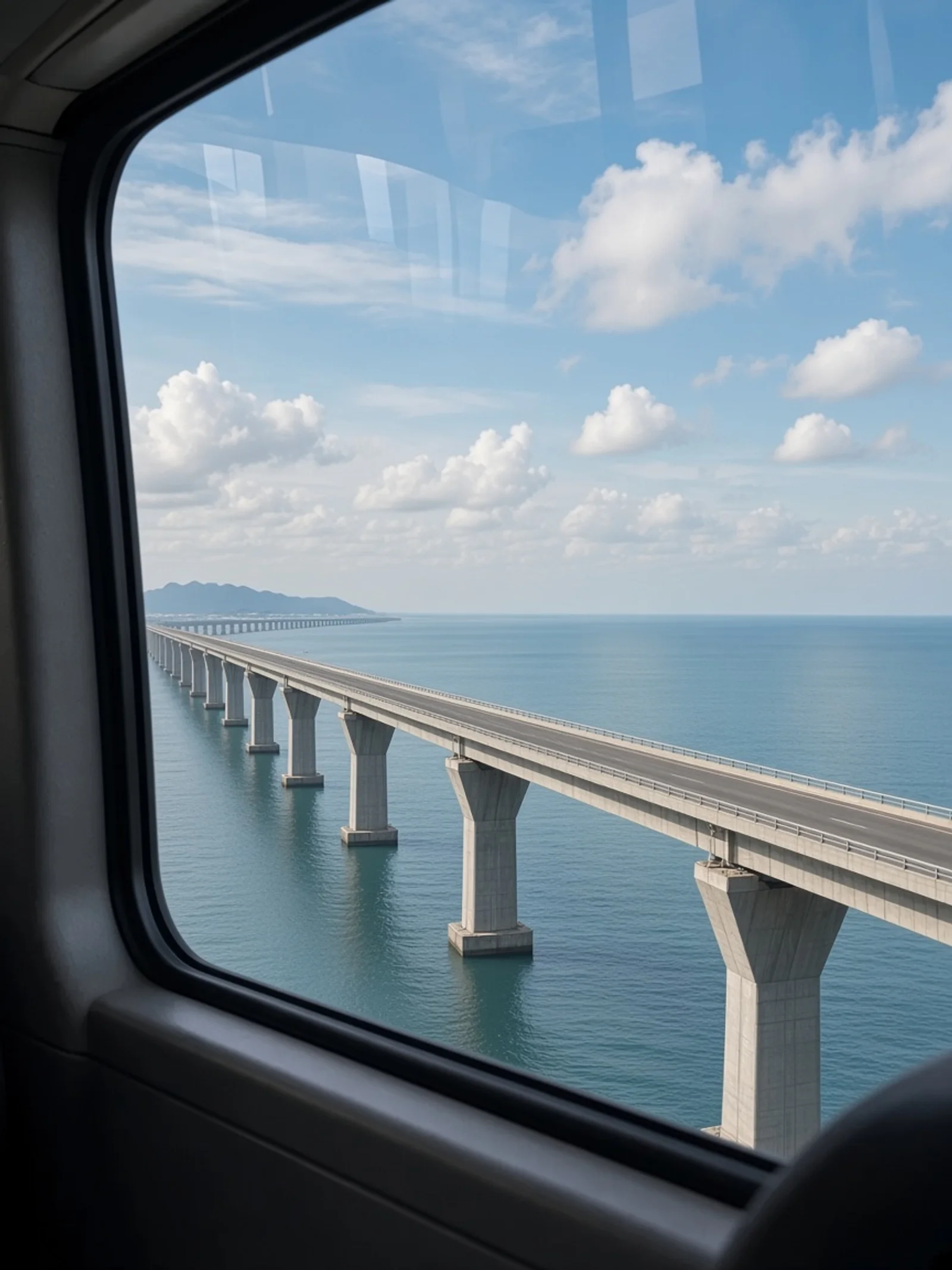 Puente Hong Kong–Zhuhai–Macao y mar desde la ventanilla