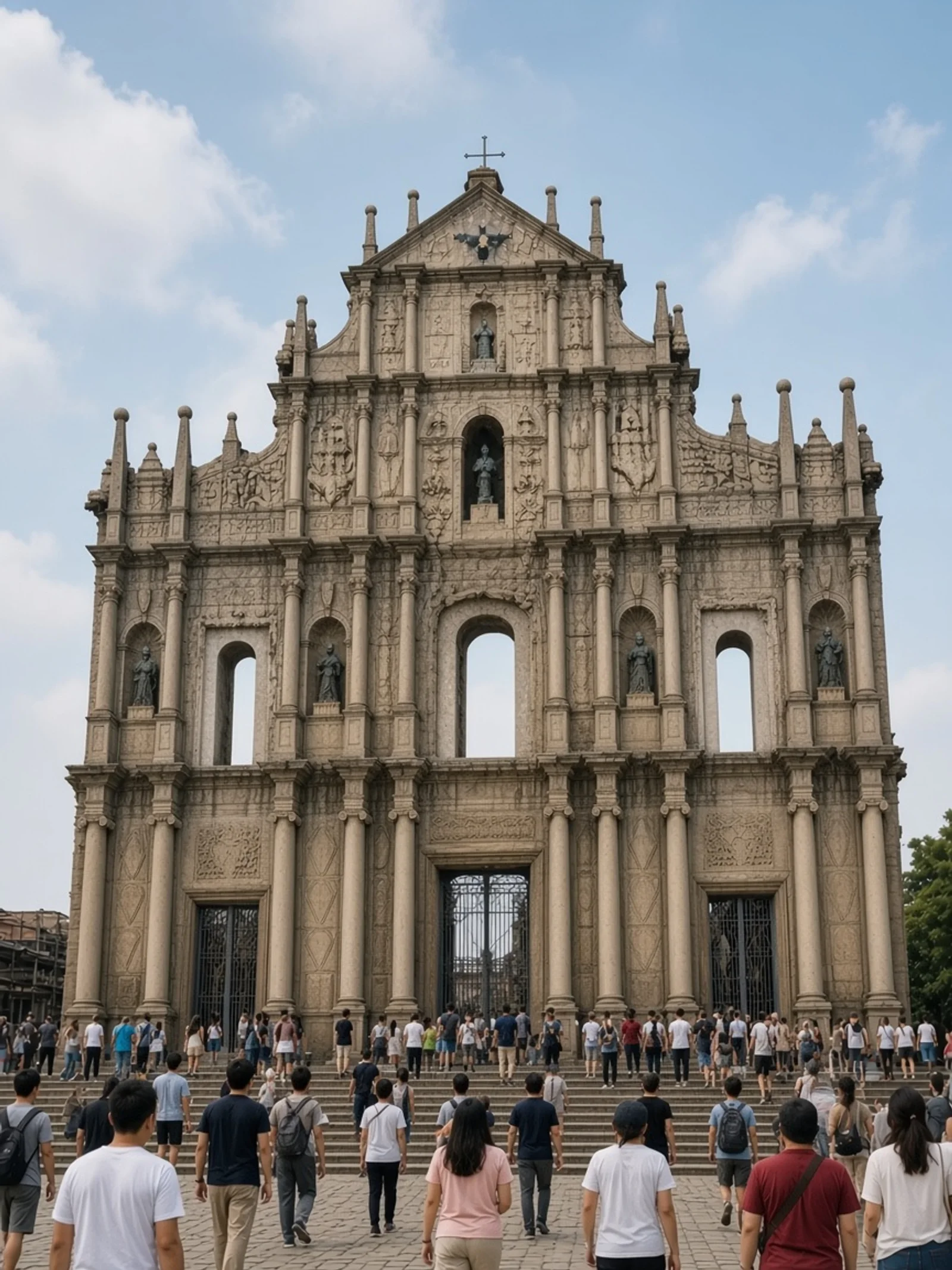 Fachada de las Ruinas de San Pablo con gente en la plaza
