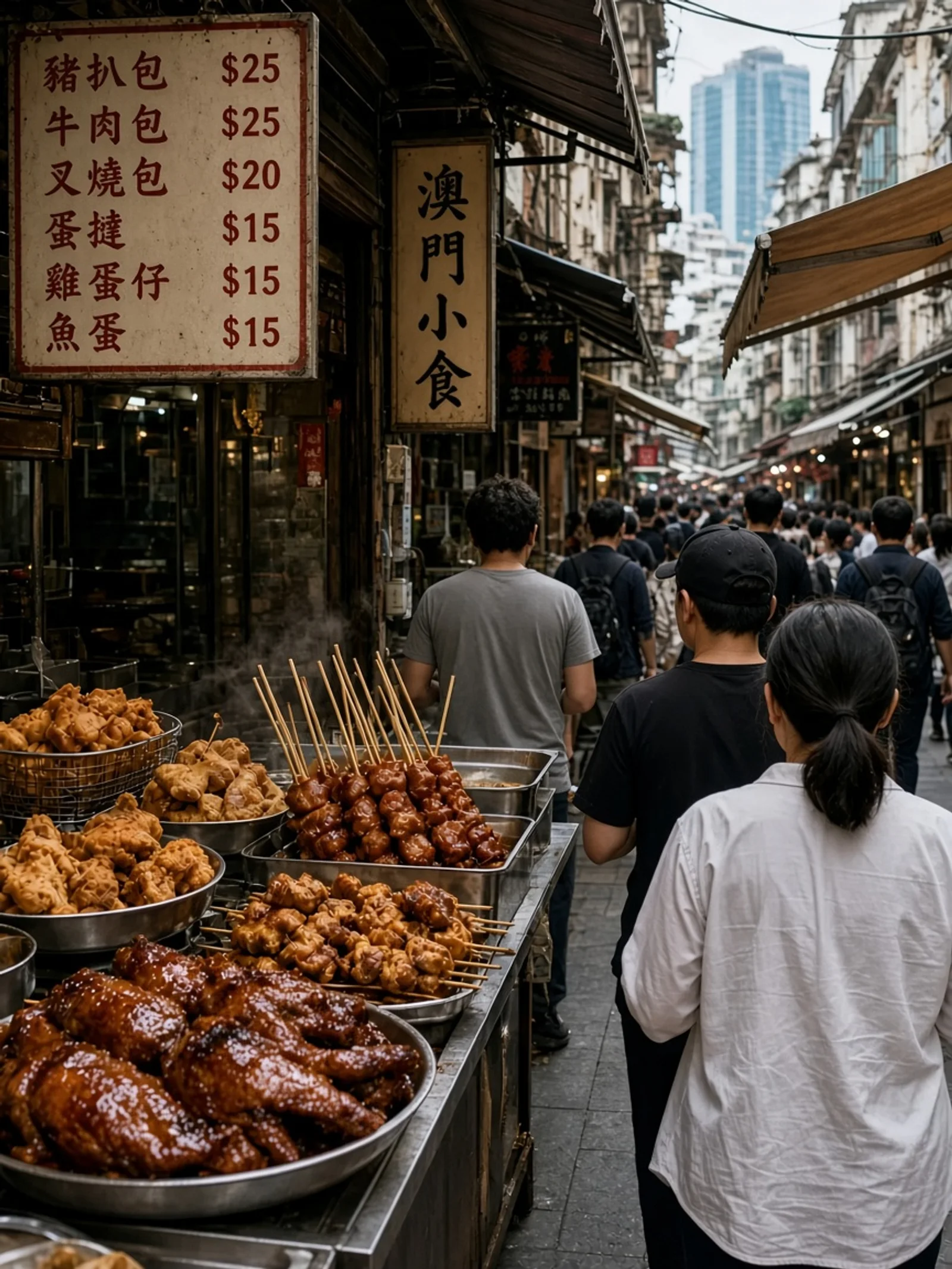 Calle de snacks abarrotada bajo las Ruinas de San Pablo