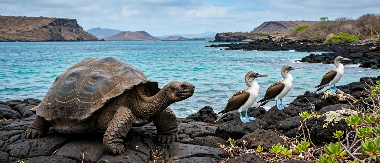Costa volcánica de Galápagos con una tortuga gigante, mar turquesa detrás