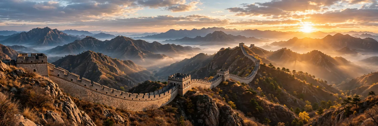La Gran Muralla serpenteando sobre las montañas al amanecer
