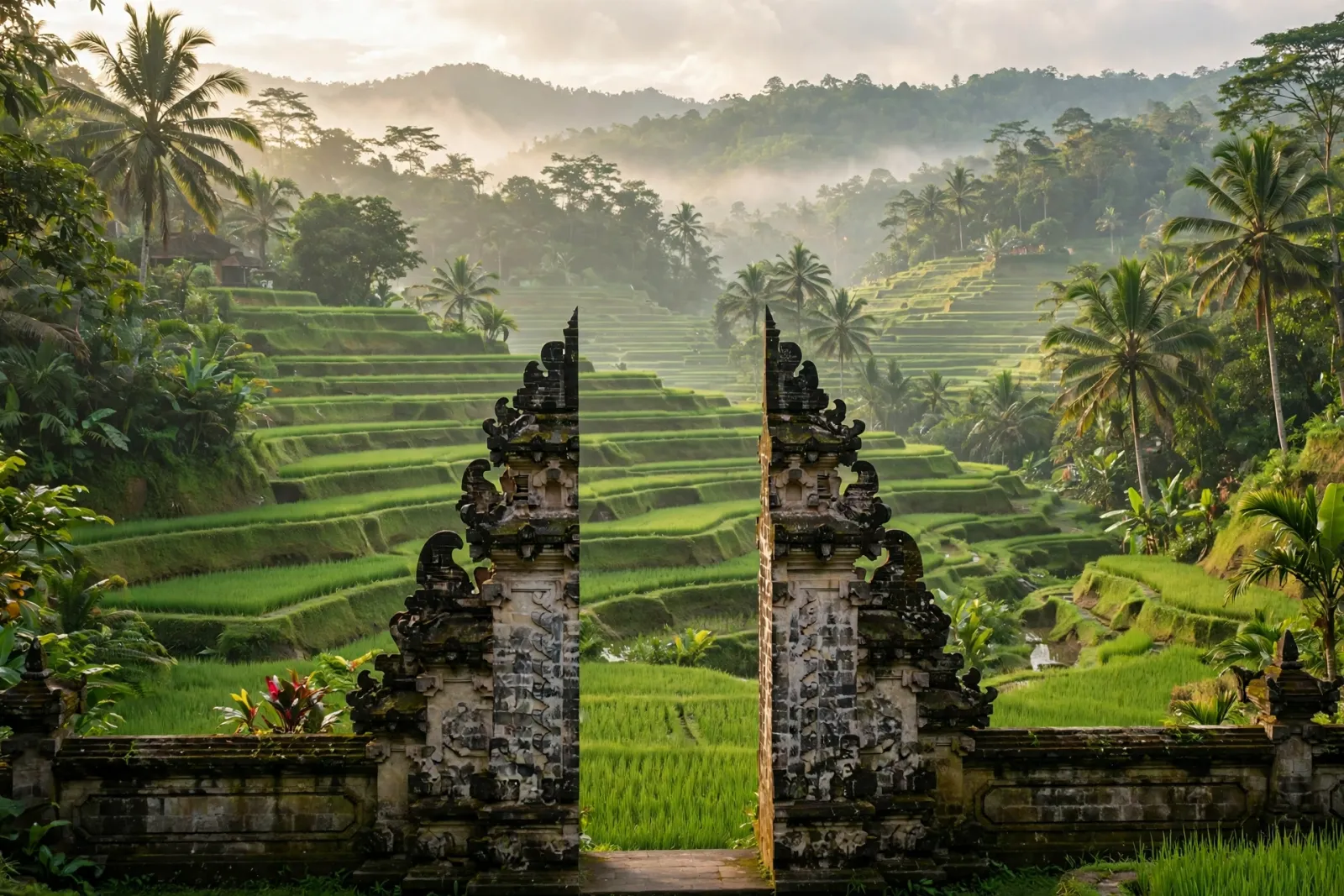 Arrozales de Bali y una puerta de templo de piedra en la luz suave de la mañana