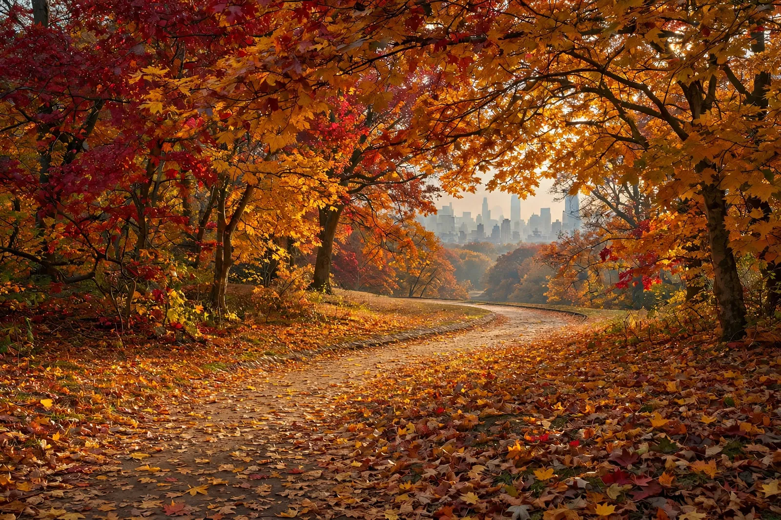 Central Park path covered in golden fallen leaves with the Manhattan skyline beyond