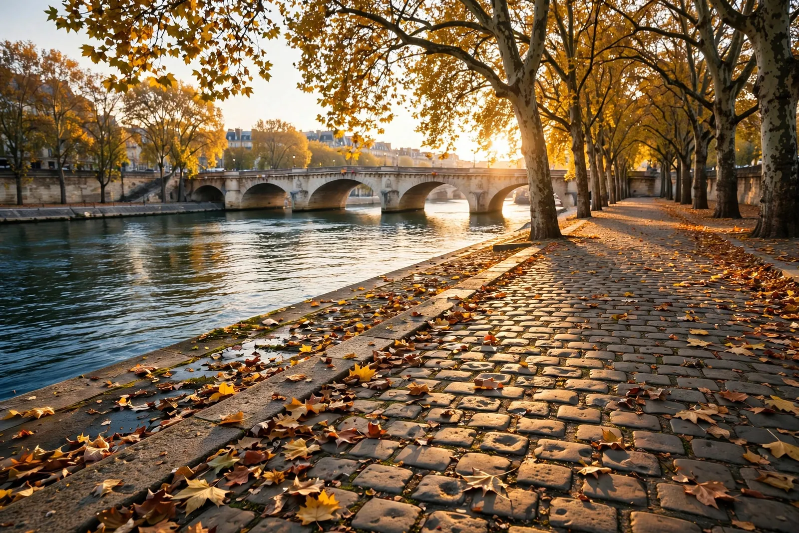 The Seine in Paris with golden plane trees along the stone quay in low autumn sunlight