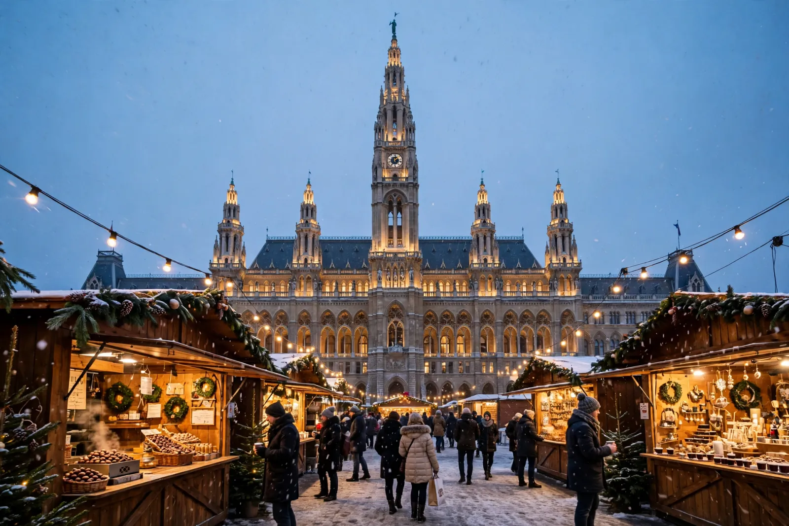 Mercado navideño de Viena al atardecer con nieve, puestos de madera cálidos y el Ayuntamiento iluminado