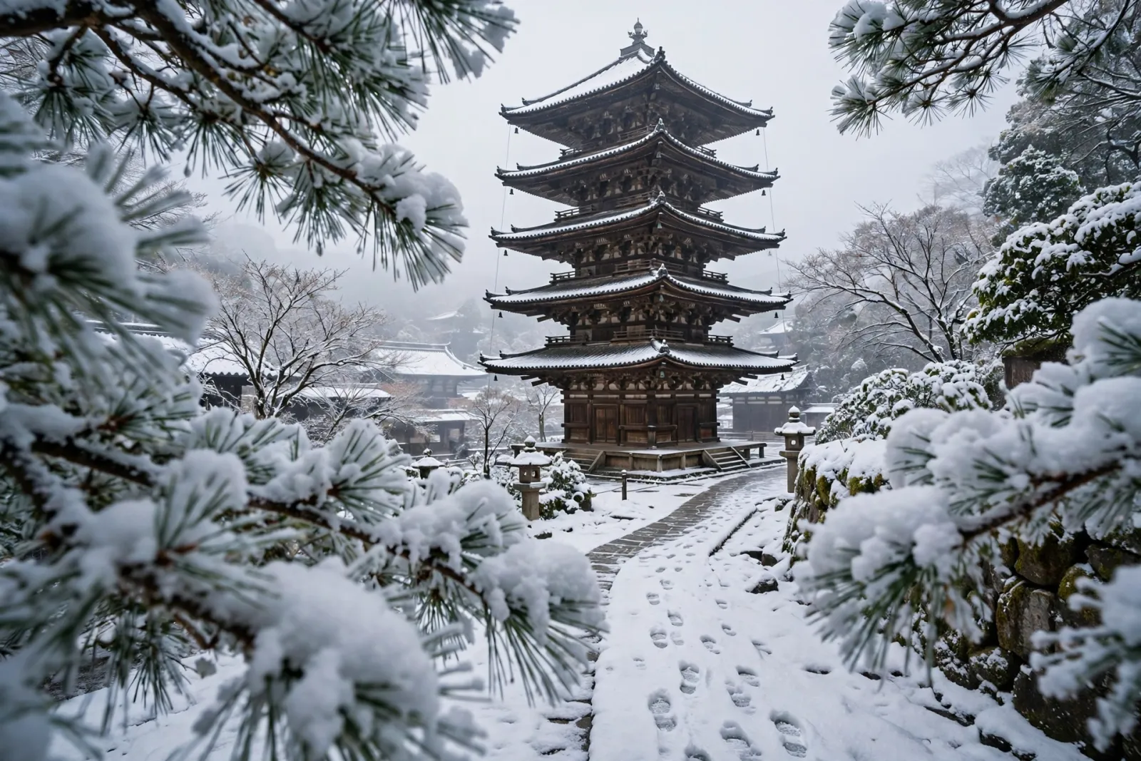 Pagoda de cinco pisos en Kioto cubierta de nieve fresca, enmarcada por pinos cargados de nieve