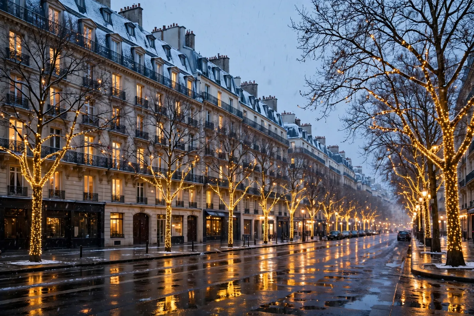 Bulevar de París en noche de invierno con árboles envueltos en luces y nieve en los tejados