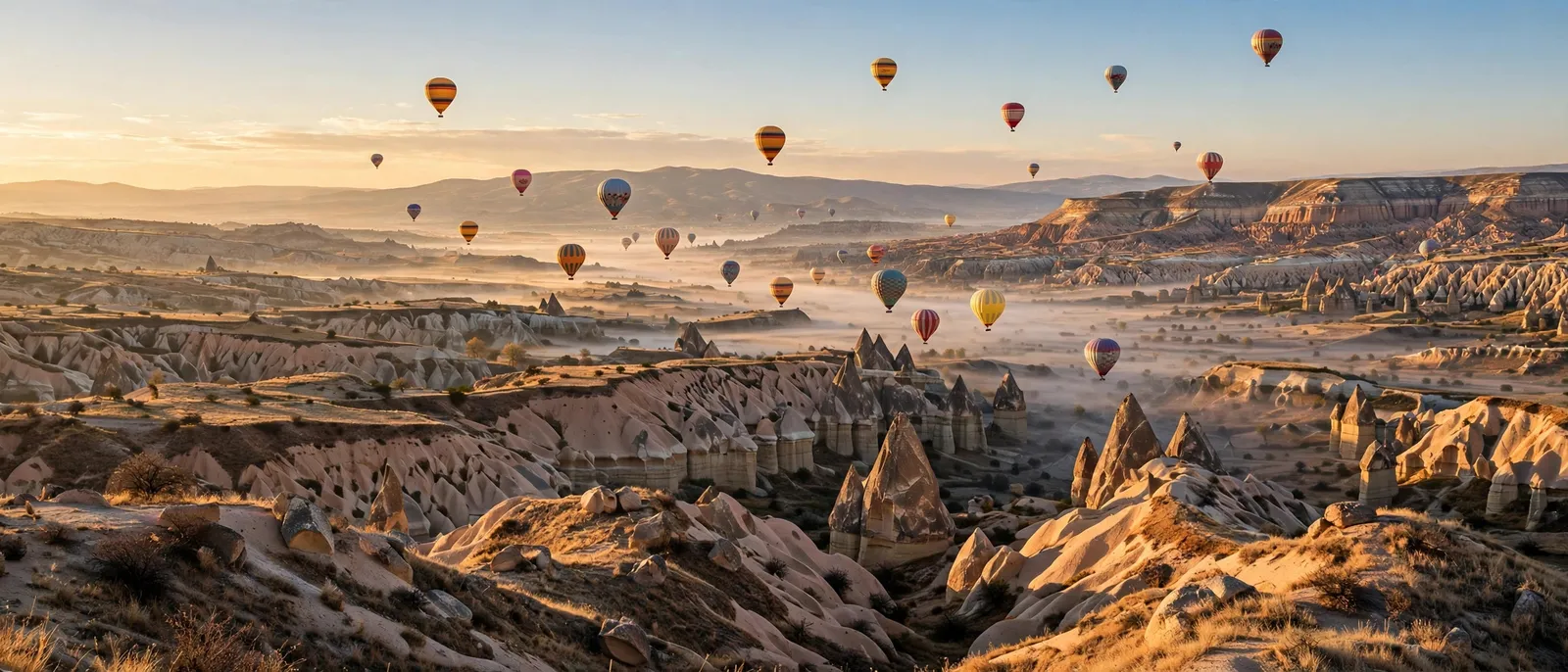 Globos aerostáticos sobre los valles de Capadocia al amanecer